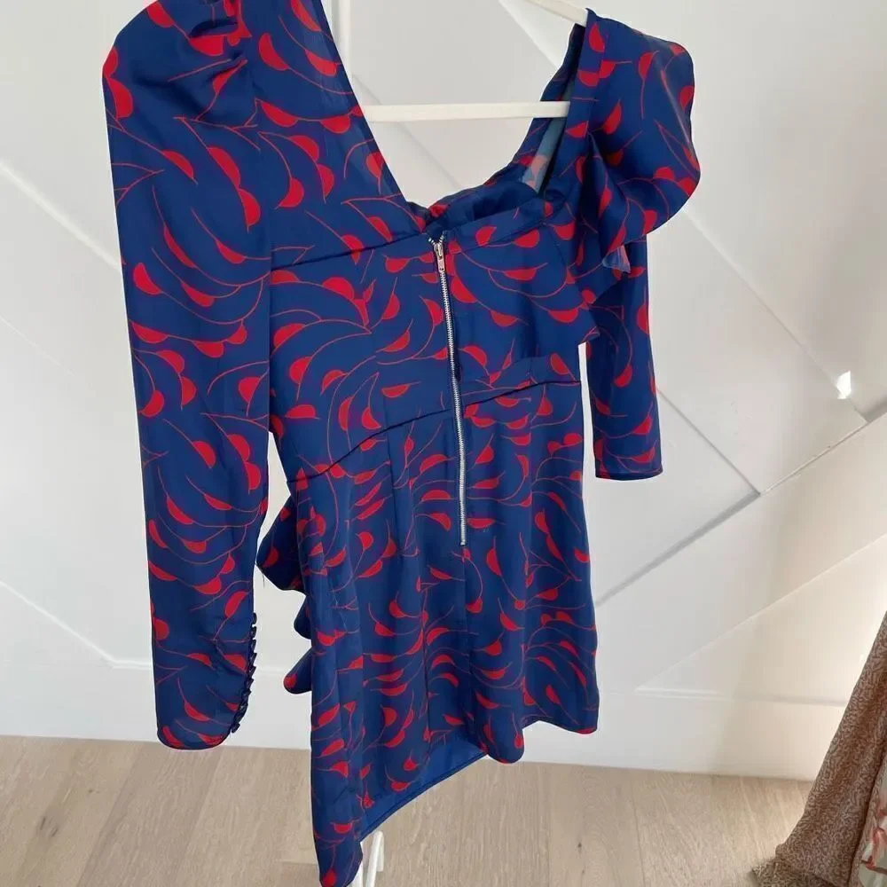 Self Portrait Blue Red One Shoulder Ruffle Dress - Picture 7 of 13